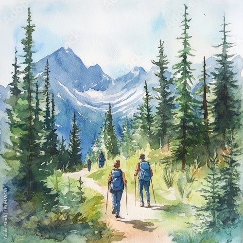 Two hikers explore a scenic mountain trail surrounded by lush greenery and towering pines in a watercolor painting.