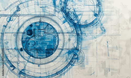 Engineering Blueprint Artwork: Circular Design with Intricate Details and Lines