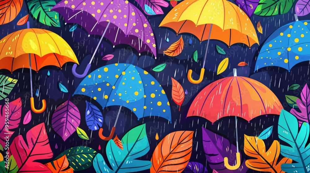 Obraz premium 07250736 90. Vibrant vector background showcasing umbrellas in the rain, perfect for promotional banners, greeting cards, event flyers, and social media wallpapers, with a cheerful and energetic