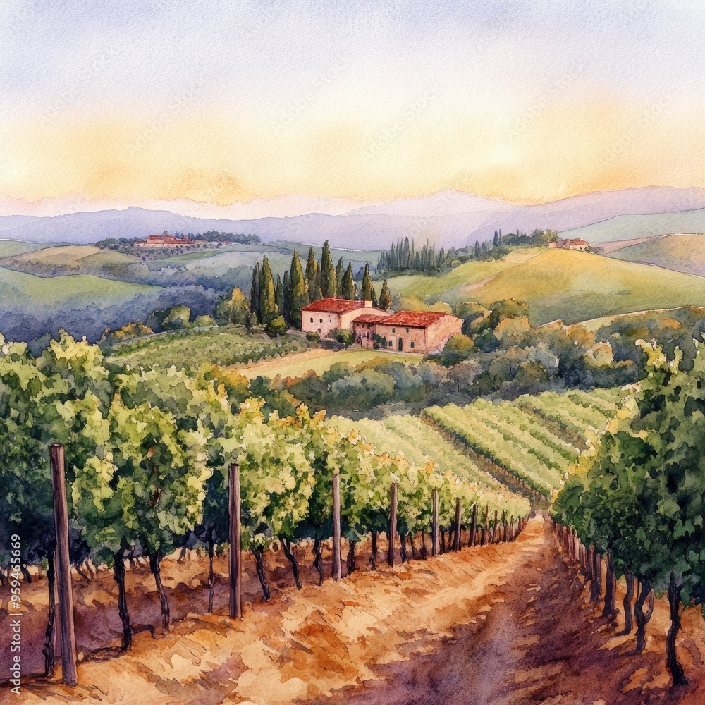 Naklejka premium A tranquil landscape featuring rolling vineyards and a rustic farmhouse under a beautiful sunset sky, perfect for nature lovers.