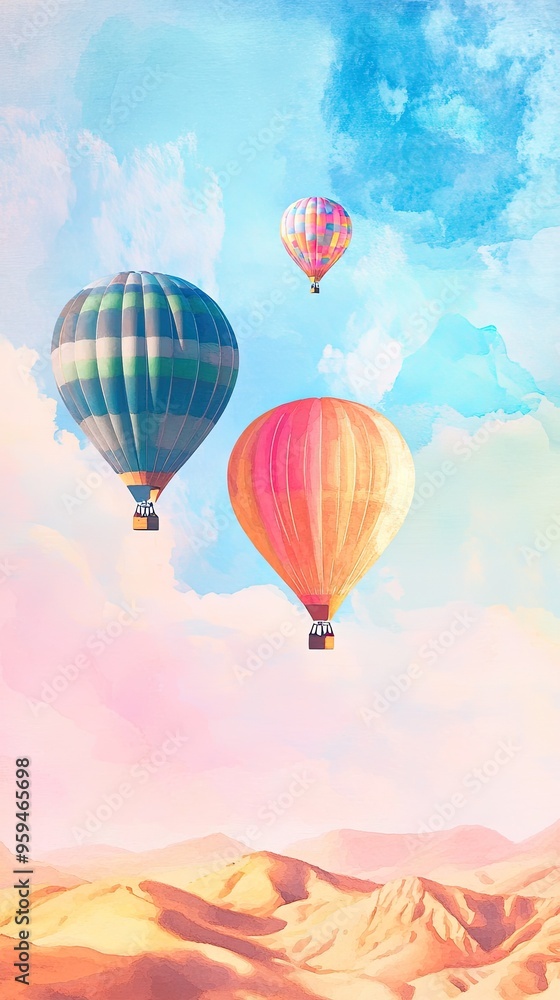 Fototapeta premium Colorful hot air balloons soar above a serene landscape, creating a picturesque scene of adventure and tranquility in the sky.