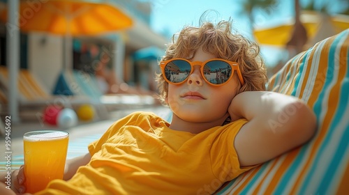 Boy in sunglasses relaxing on a sunbed while drinking a cocktail, with a ball nearby, in a children's playground with colorful striped tents and chairs, enjoying a fun summer day.

 photo