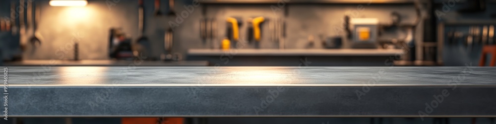 Abstract Automotive Workspace: Blurred Tools and Parts on Metal Table ...