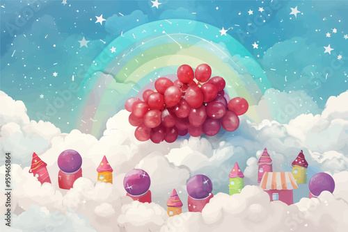 Fantastical Rainbow Cloudscape with Balloon Houses and Candy Castles