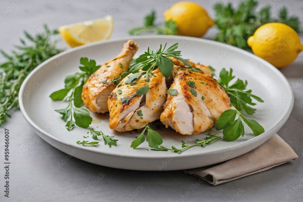 Lemon Chicken: Lemon chicken garnished with fresh herbs, served on a plain white plate with a few lemon wedges Lemon Chicken: Lemon chicken garnished with fresh herbs, served on a plain white plate with a few lemon wedges