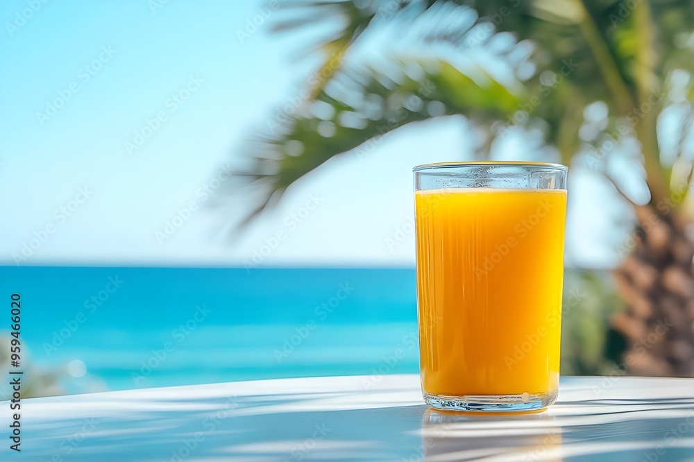 A glass of orange juice on a beachside table, with the ocean and palm trees in the background. A glass of orange juice on a beachside table, with the ocean and palm trees in the background.