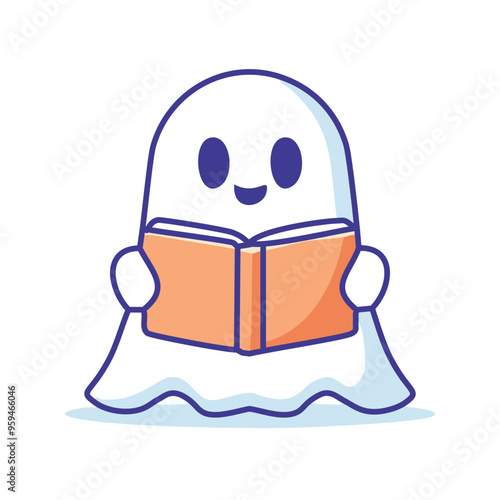 Ghost reading book. Cute ghost character reading a book, perfect for Halloween or spooky themed projects.