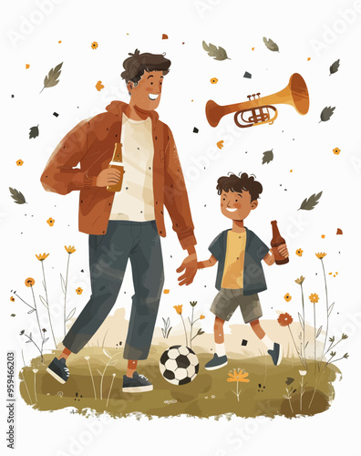 Father and son enjoying a soccer game in a park with a bottle of beer and a trumpet