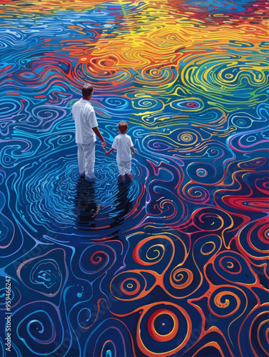 Father and son standing in a vibrant, swirling water surface