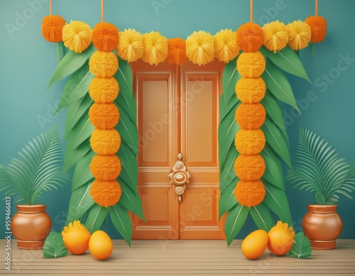 A decorated doorway with marigold garlands and mango fruit photo