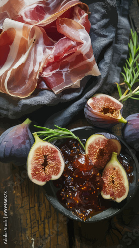 Fresh figs with balsamic glaze and sprigs of rosemary, served on a rustic wooden table