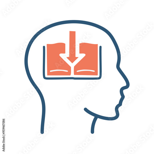 Learning & knowledge. Illustration of a book entering a head, symbolizing the acquisition of knowledge and learning.