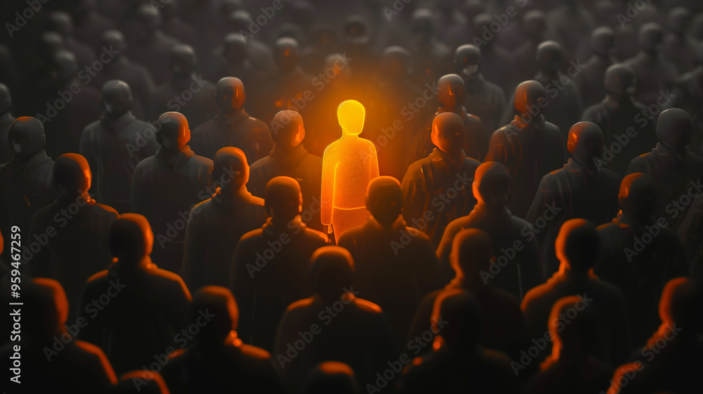Obraz premium Single illuminated figure standing out among a crowd in a dark environment
