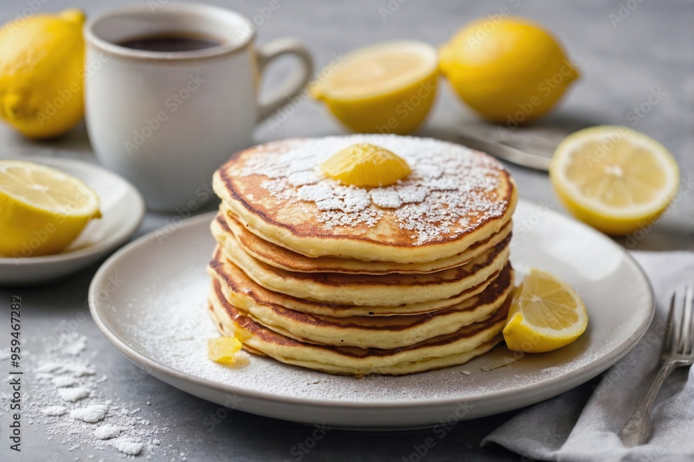 Lemon Ricotta Pancakes: Overhead view of a stack of lemon ricotta pancakes on a plain white plate, topped with a light sprinkle of powdered sugar and lemon slice for garnish. Lemon Ricotta Pancakes: Overhead view of a stack of lemon ricotta pancakes on a plain white plate, topped with a light sprinkle of powdered sugar and lemon slice for garnish.