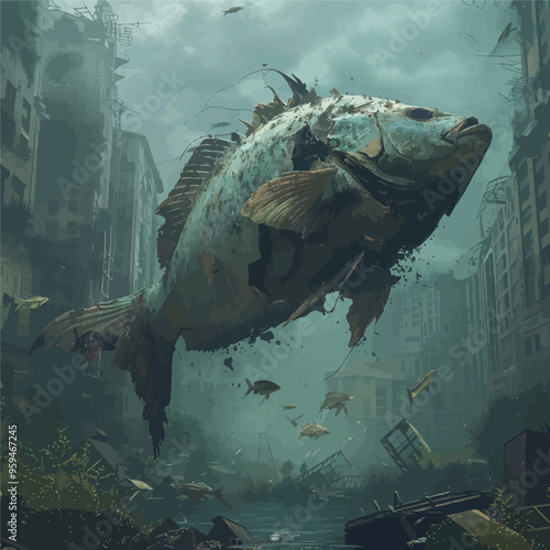Futuristic Aquatic Ecosystem: A Giant Fish's Eye View of a Post-Apocalyptic City