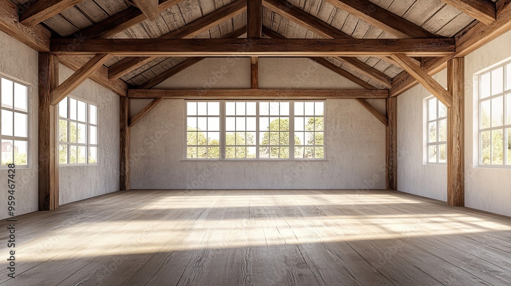 Empty Room with Exposed Wooden Beams and Large Windows Empty Room with Exposed Wooden Beams and Large Windows