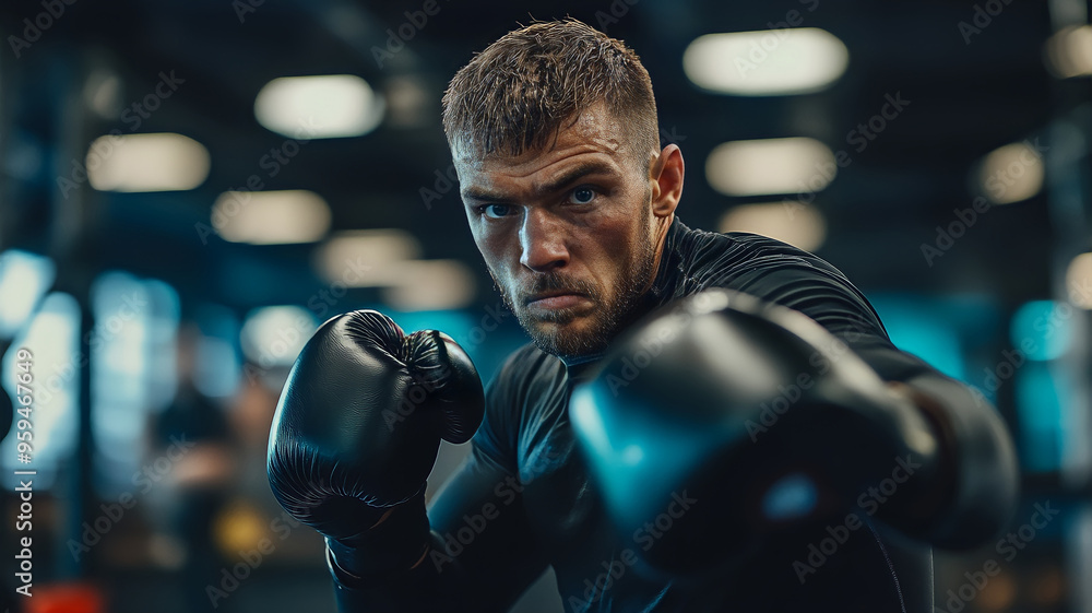 A man athlete practicing boxing drills in a dynamic gym environment A man athlete practicing boxing drills in a dynamic gym environment