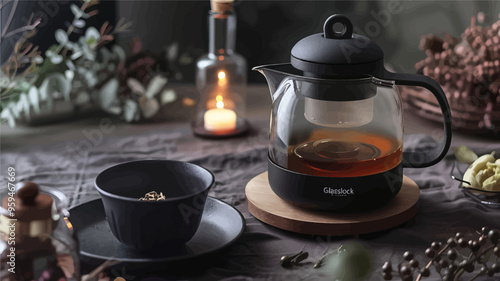Glasscock Tea Kettle with Wooden Base and Candle, Set on Table with Tea Cup and Tea Leaves