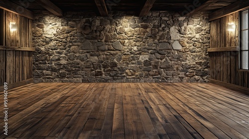 Fototapeta Naklejka Na Ścianę i Meble -  Rustic Interior with Stone Wall and Wood Floor