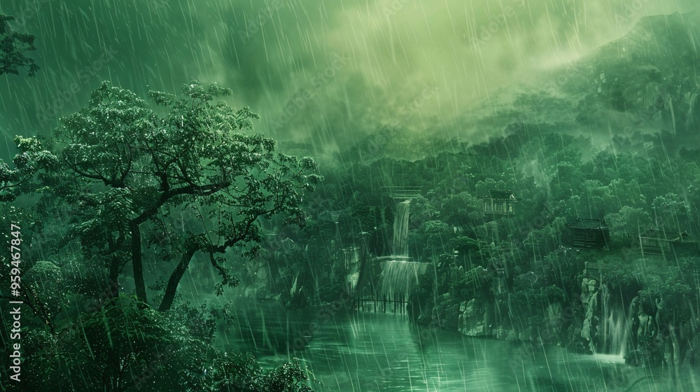 Fototapeta premium 07250736 124. An emerald green Asian landscape caught in a fierce downpour, with rain cascading down, trees bending under the wind, and the entire scene shrouded in the dramatic weather of a typhoon