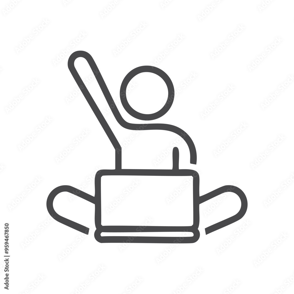 Person raising hand. Simple line drawing of a person raising their hand, representing a question, request, or volunteer. Person raising hand. Simple line drawing of a person raising their hand, representing a question, request, or volunteer.