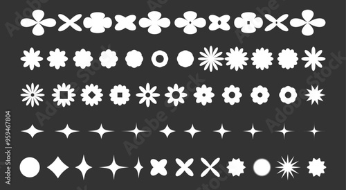 Big set of abstract geometric y2k shapes. Retro brutal elements, figures and forms in white colors on black background. Vector aesthetic