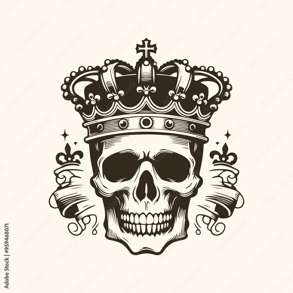 Fototapeta premium Vintage skull with crown vector illustration