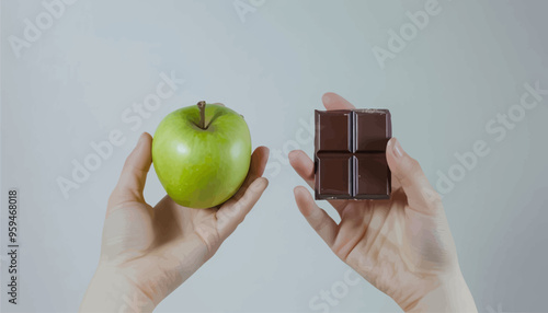 Hands Holding Apple and Chocolate Bar