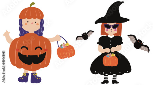 Halloween cute spooky charater costumes vector - vampire, ghost, witch, pumpkins, frankenstein