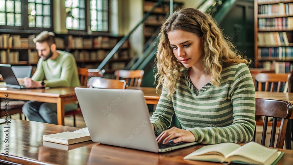 Young Woman Studying in Library with Laptop. Young Woman Studying in Library with Laptop.