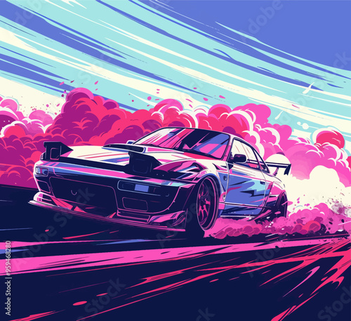 High-Speed Racing Car in Pink and Blue Abstract Background
