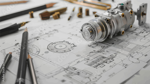High-tech camera assembly on engineering blueprints