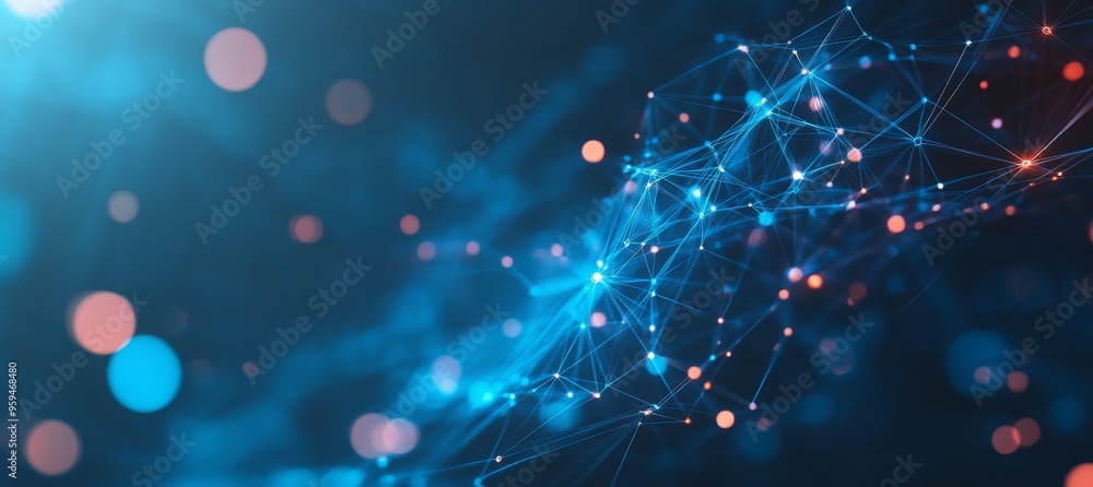 Fototapeta premium Abstract digital network with glowing dots and lines on blue background.