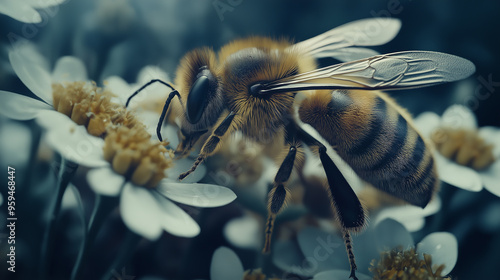 A close up of a bee on a flower. The bee is yellow and black and is on a red flower. The image has a warm and inviting mood, as it captures a moment of nature's beauty