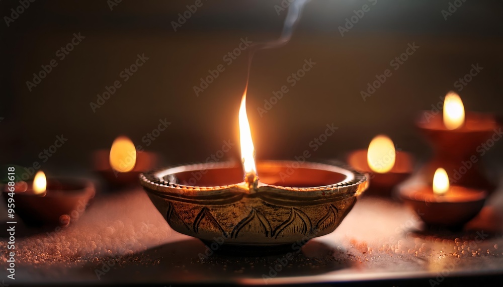 A row of lit diyas casting a warm glow A row of lit diyas casting a warm glow