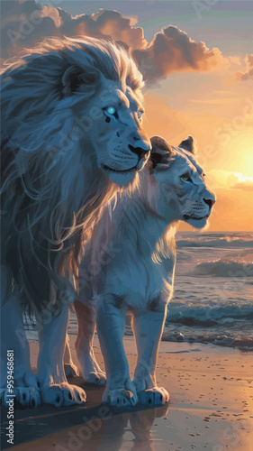 Lion and Lioness Standing on Beach at Sunset