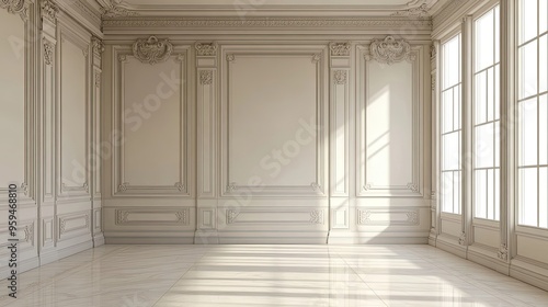 Ornate White Room with Large Windows and Sunbeams