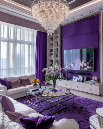 Luxurious Living Room with Purple Walls and Chandelier