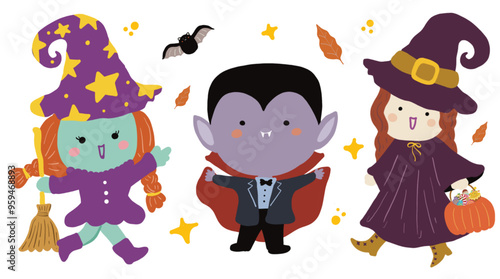 Halloween cute spooky charater costumes vector - vampire, ghost, witch, pumpkins, frankenstein