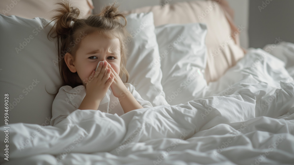 A young girl lies in bed blowing her nose with a tissue, indicating sickness or allergies, in a bright, comfortable bedroom setting. A young girl lies in bed blowing her nose with a tissue, indicating sickness or allergies, in a bright, comfortable bedroom setting.