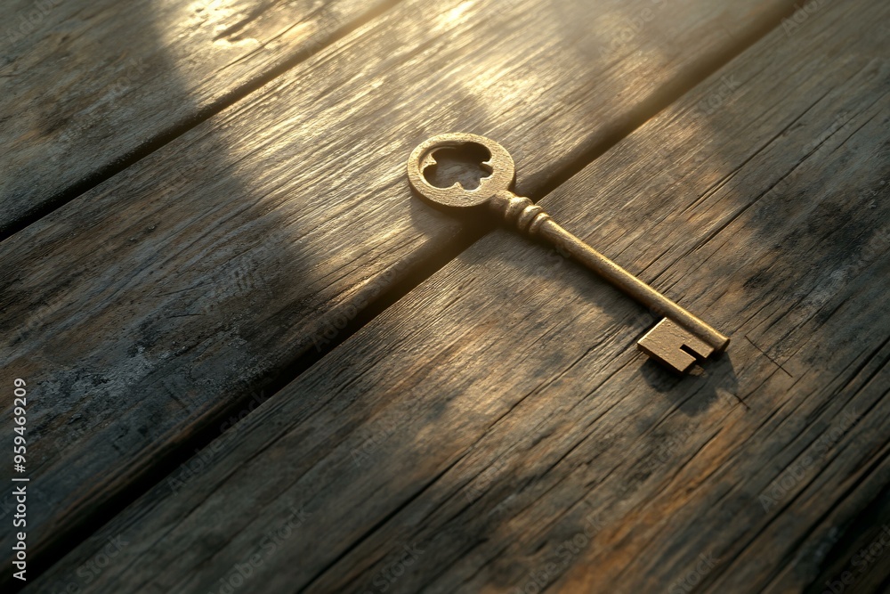 Antique Golden Key on Rustic Wooden Surface Antique Golden Key on Rustic Wooden Surface
