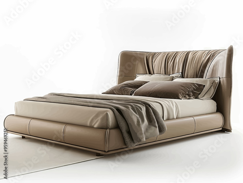 Modern, Minimalist Leather Bed with Pillows and Blanket