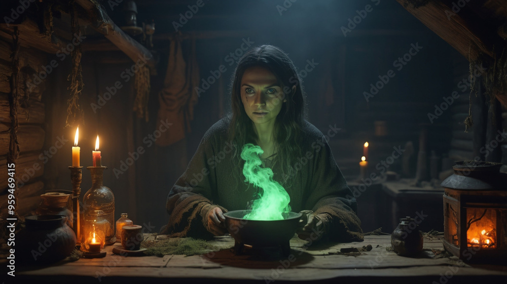 In a dimly lit, rustic cabin deep in the woods, a witch stands over a bubbling cauldron, her gnarled hands holding a worn, ancient spellbook. The cauldron emits a thick, green mist, In a dimly lit, rustic cabin deep in the woods, a witch stands over a bubbling cauldron, her gnarled hands holding a worn, ancient spellbook. The cauldron emits a thick, green mist,