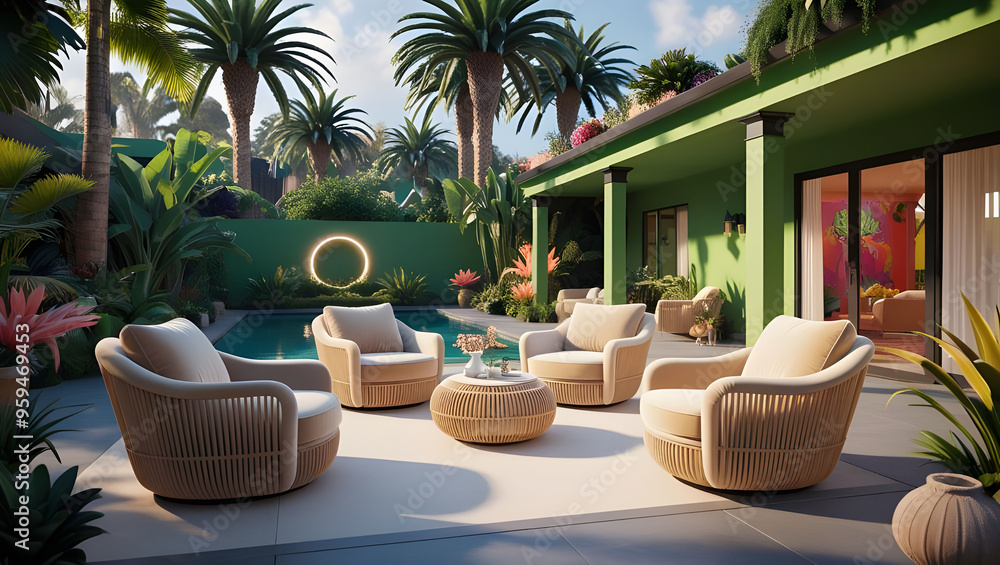 Fototapeta premium A serene backyard with plush armchairs, spaciously arranged in a minimal terraced courtyard surrounded by lush greenery, including slender palm trees on sofas, chairs, and tables.