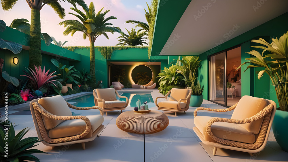Fototapeta premium A serene backyard with plush armchairs, spaciously arranged in a minimal terraced courtyard surrounded by lush greenery, including slender palm trees on sofas, chairs, and tables.