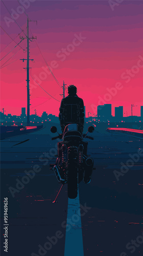 Motorcyclist on a city street at sunset