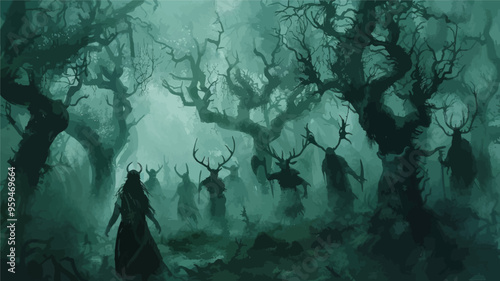 Mystical Forest Encounter: A Fantasy Scene with a Female Heroine and Deer-Headed Creatures