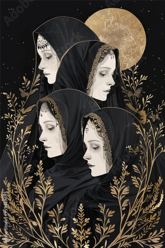 Mystical Night: Three Women in Hijabs with Gold Decorations and a Moon in the Background