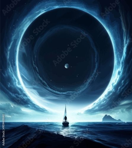 Night Sky Gaze: A Lone Sailboat Under a Celestial Ring