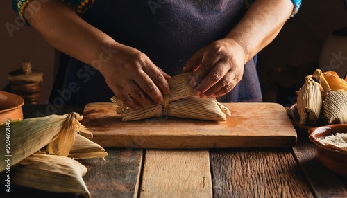 Hands carefully fold a tamale into its corn husk wrapper